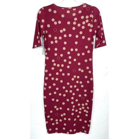 LuLaRoe Julia Dark Red Tan Polka Dot Short Sleeve Sheath Dress XS NWT - Picture 3 of 4